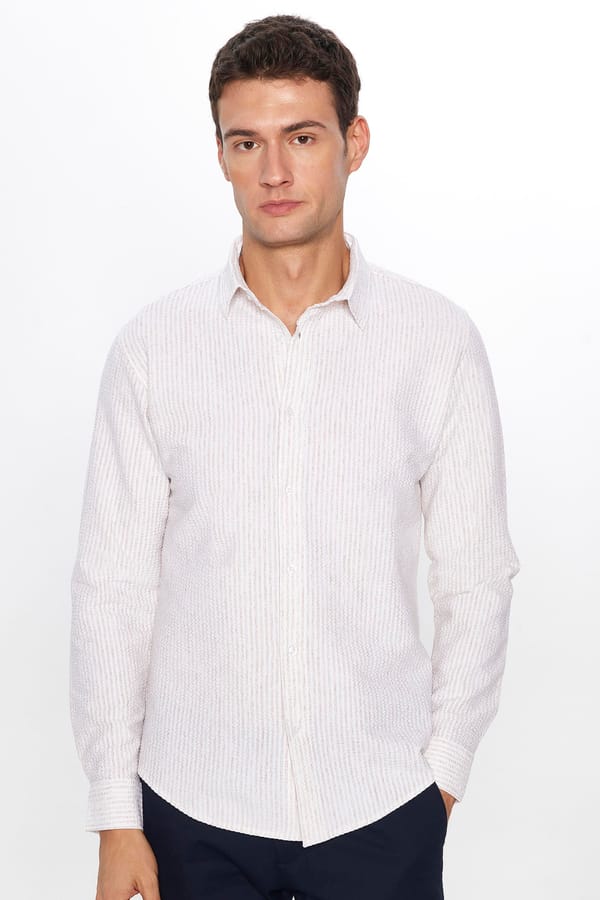 Erkek Slim Fit Dar Kesim Uzun Kollu Pamuklu Çizgili Beyaz Spor Yaka Gömlek - Yazlık Gömleklerde - 1 Alana 1 Bedava