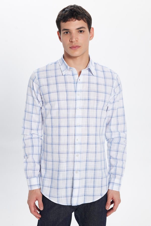 Erkek Slim Fit Dar Kesim %100 Pamuk Keten Doku Kareli Gömlek - Yazlık Gömleklerde - 1 Alana 1 Bedava