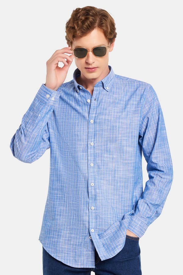 Erkek Slim Fit Dar Kesim Düğmeli Spor Yaka Keten Efekt %100 Pamuk Çizgili Yazlık Lacivert Gömlek - Yazlık Gömleklerde - 1 Alana 1 Bedava