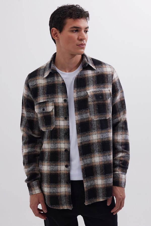 Erkek Slim Fit Dar Kesim Çift Cepli Kapaklı Spor Yaka Kareli Oduncu Gömlek - Oduncu Gömleklerde - 1 Alana 1 Bedava