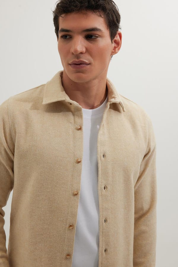 Erkek Slim Fit Dar Kesim Uzun Kollu Düz Kışlık Oduncu Açık Bej Gömlek - Oduncu Gömleklerde - 1 Alana 1 Bedava