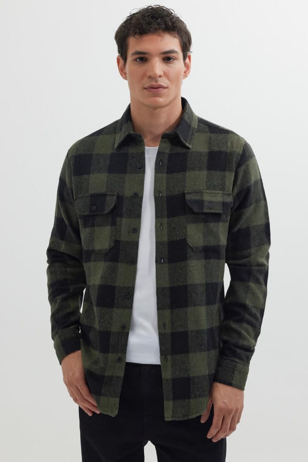 Erkek Slim Fit Dar Kesim Uzun Kollu Kapaklı Çift Cepli Kareli Kışlık Oduncu Gömlek - Oduncu Gömleklerde - 1 Alana 1 Bedava