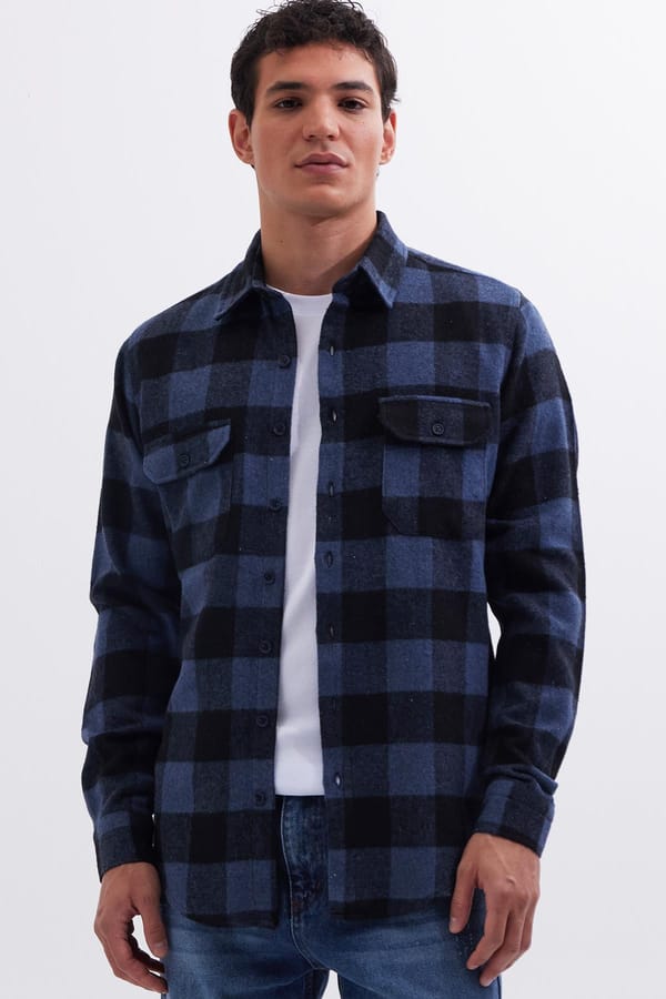 Erkek Slim Fit Dar Kesim Uzun Kollu Kapaklı Çift Cepli Kareli Kışlık Oduncu Gömlek - Oduncu Gömleklerde - 1 Alana 1 Bedava
