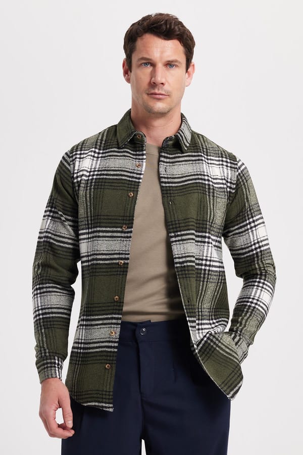 Erkek Slim Fit Dar Kesim Kareli Kışlık Oduncu Gömlek - Oduncu Gömleklerde - 1 Alana 1 Bedava