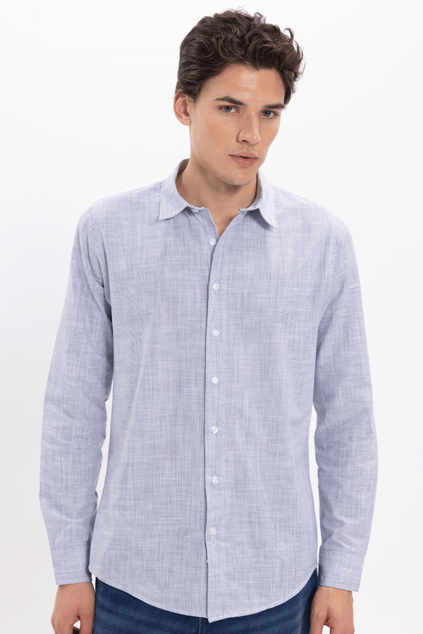 Erkek Slim Fit Dar Kesim %100 Pamuk Çizgili Uzun Kollu Keten Efektli Lacivert Gömlek - Yazlık Gömleklerde - 1 Alana 1 Bedava