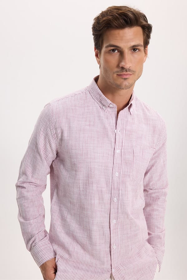 Erkek Slim Fit Dar Kesim %100 Pamuk Düğmeli Yaka Çizgili Uzun Kollu Cepli Keten Efektli Bordo Gömlek - Yazlık Gömleklerde - 1 Alana 1 Bedava