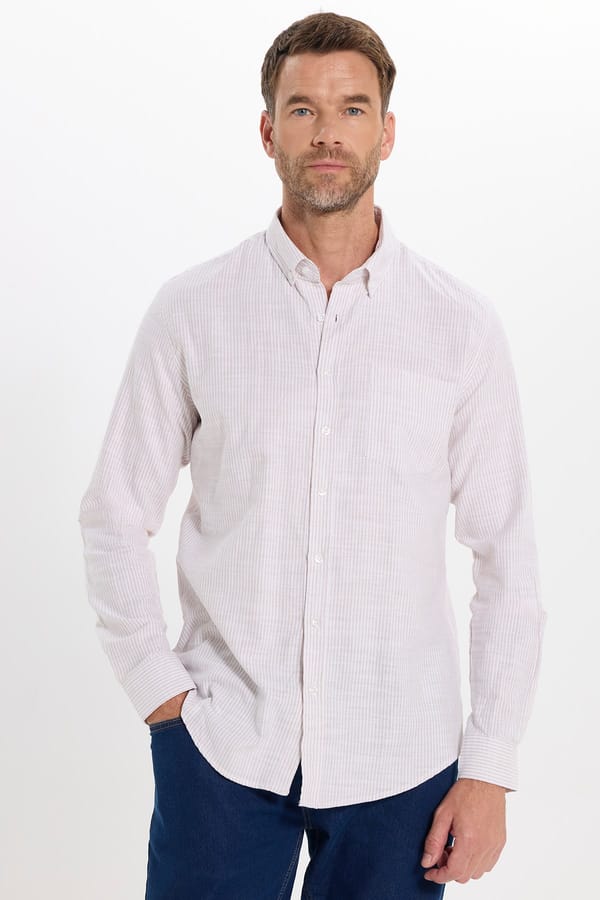 Erkek Slim Fit Dar Kesim %100 Pamuk Düğmeli Yaka Çizgili Uzun Kollu Cepli Keten Bej Gömlek - Yazlık Gömleklerde - 1 Alana 1 Bedava