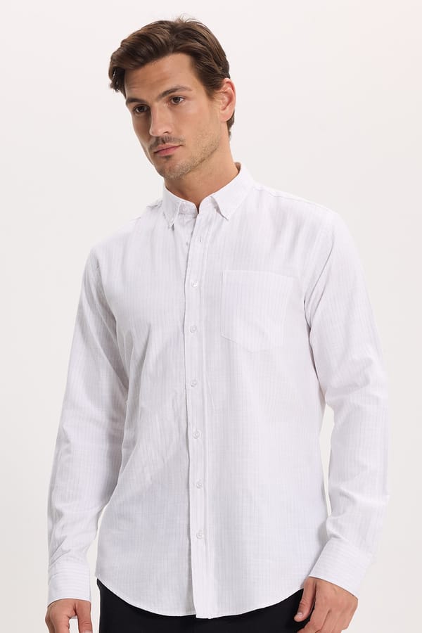 Erkek Slim Fit Dar Kesim %100 Pamuk Düğmeli Yaka Çizgili Uzun Kollu Cepli Keten Efektli Yeşil Gömlek - Yazlık Gömleklerde - 1 Alana 1 Bedava