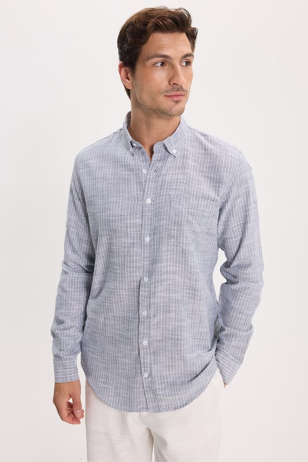 Erkek Slim Fit Dar Kesim %100 Pamuk Düğmeli Yaka Çizgili Uzun Kollu Cepli Keten Lacivert Gömlek - Yazlık Gömleklerde - 1 Alana 1 Bedava