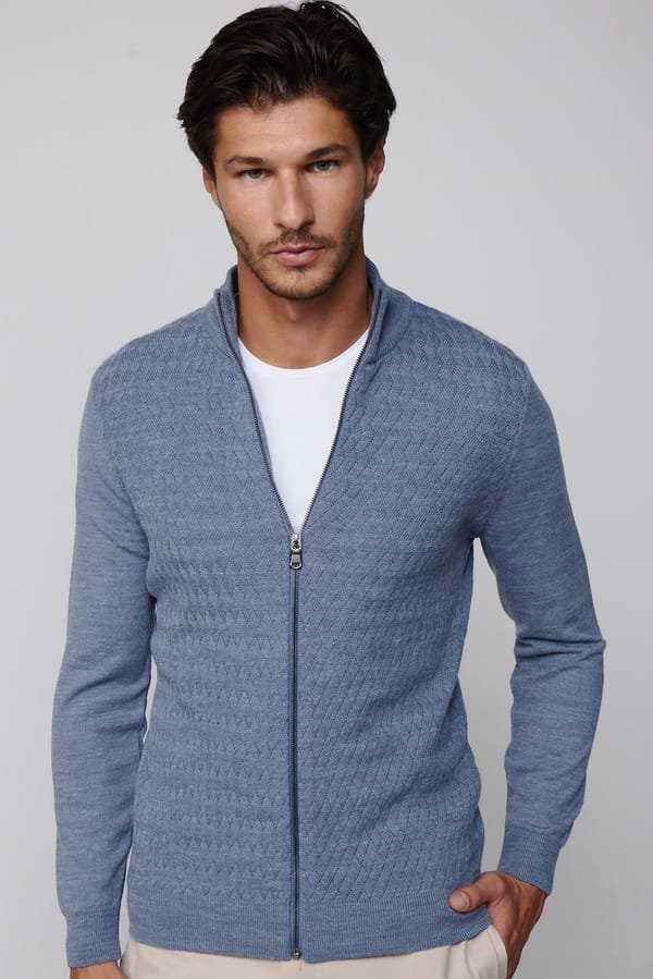 Slim Fit Desenli Dik Yaka Fermuarlı İndigo Erkek Hırka - 1 Alana 1 Bedava
