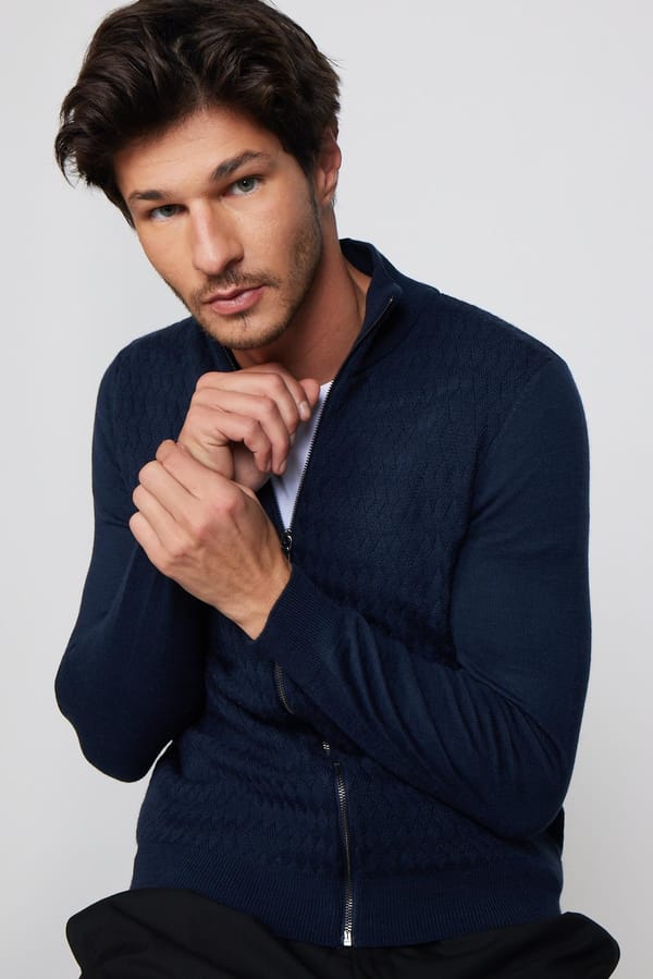 Slim Fit Desenli Dik Yaka Fermuarlı Lacivert Erkek Hırka - Trikolarda - 1 Alana 1 Bedava