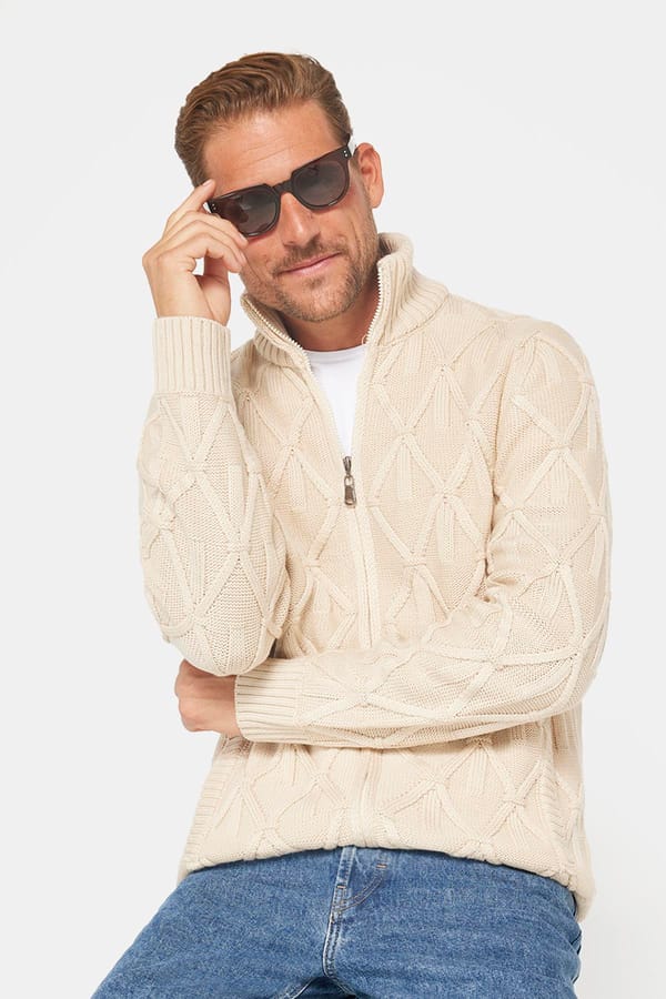 Slim Fit Desenli Dik Yaka Fermuarlı Erkek Bej Hırka - Trikolarda - Tudors 1 Alana 1 Bedava