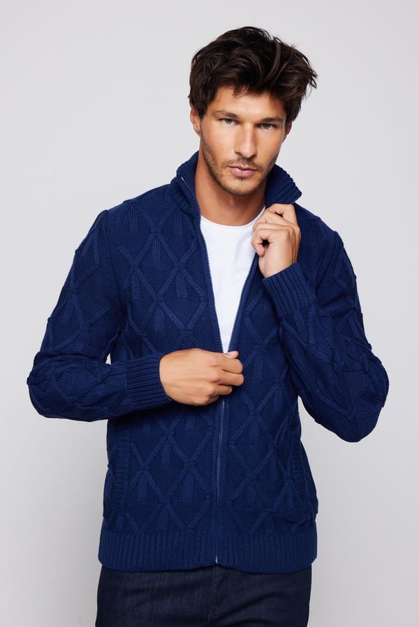 Erkek Slim Fit Desenli Dik Yaka Fermuarlı Sax Mavi Hırka - 1 Alana 1 Bedava