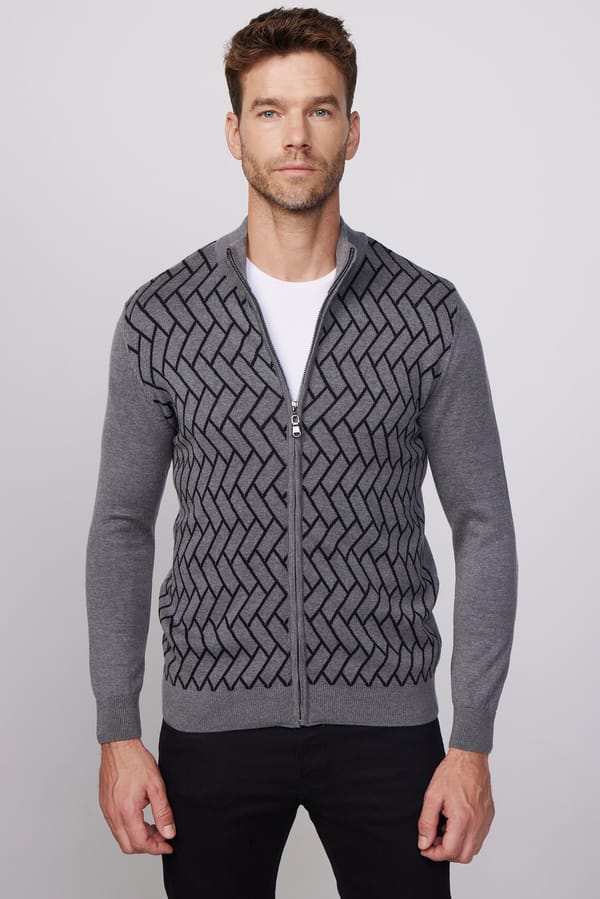 Erkek Slim Fit Dar Kesim Yarım Balıkçı Yaka Fermuarlı Önü Desenli Gri-Siyah Hırka - Trikolarda - 1 Alana 1 Bedava
