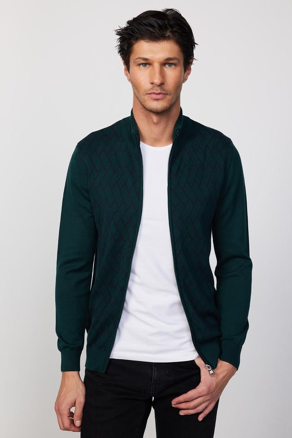 Slim Fit Dar Kesim Yarım Balıkçı Yaka Fermuarlı Önü Desenli Yeşil Erkek Hırka - Trikolarda - 1 Alana 1 Bedava
