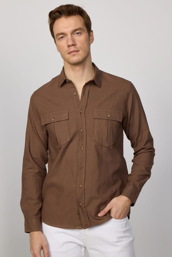 Erkek Regular Fit Klasik Kesim Oversize %100 Pamuk Keten Doku Çift Cep Kahverengi Gömlek - Yazlık Gömleklerde - 1 Alana 1 Bedava
