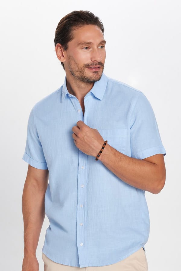 Erkek Regular Fit Klasik Kesim Oversize %100 Pamuk Keten Doku Cepli Mavi Gömlek - Yazlık Gömleklerde - Tudors 1 Alana 1 Bedava