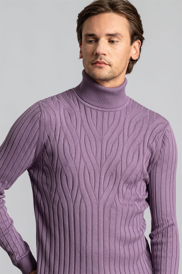 Erkek Slim Fit Tam Balıkçı Yaka Saç Örgü Desenli Lila Triko Kazak - Trikolarda - 1 Alana 1 Bedava