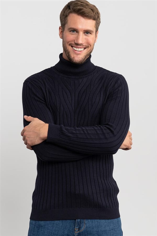 Erkek Slim Fit Tam Balıkçı Yaka Saç Örgü Desenli Lacivert Triko Kazak - Trikolarda - 1 Alana 1 Bedava