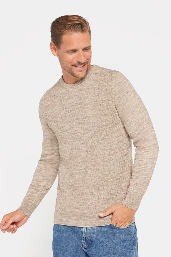 Slim Fit Bisiklet Yaka Kendinden Desenli Bej Erkek Triko Kazak - Trikolarda - 1 Alana 1 Bedava