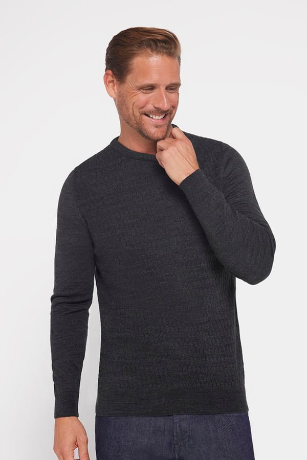 Slim Fit Bisiklet Yaka Kendinden Desenli Antrasit Erkek Triko Kazak - Trikolarda - 1 Alana 1 Bedava