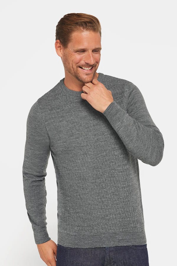Slim Fit Bisiklet Yaka Kendinden Desenli Gri Erkek Triko Kazak - Trikolarda - 1 Alana 1 Bedava
