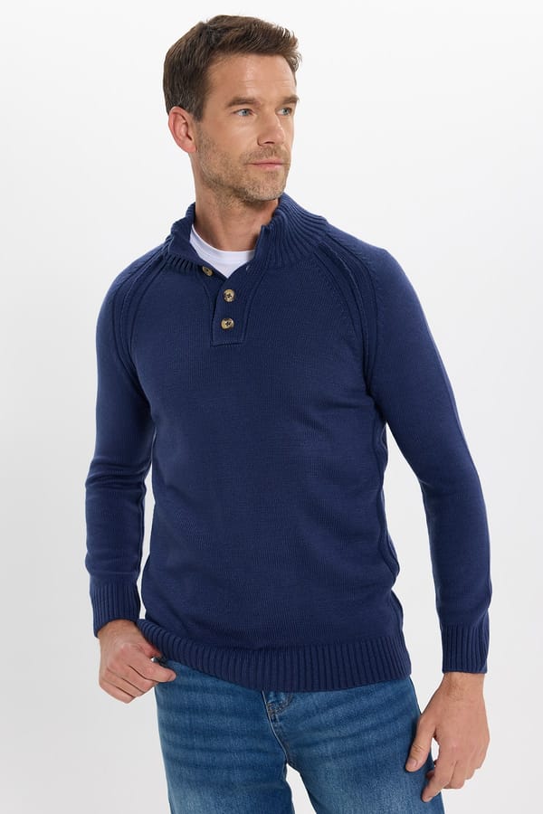 Erkek Slim Fit Dar Kesim Dik Yaka Düğmeli Lacivert Triko Kazak - Trikolarda - 1 Alana 1 Bedava