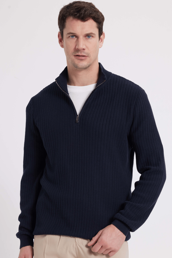 Erkek Slim Fit Dar Kesim Dik Yaka Fermuarlı Desenli Lacivert Triko Kazak - Trikolarda - 1 Alana 1 Bedava