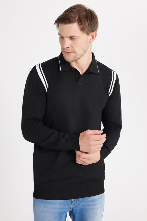 Erkek Slim Fit Dar Kesim Uzun Kol Polo Yaka Çizgili Siyah Kazak - Trikolarda - 1 Alana 1 Bedava