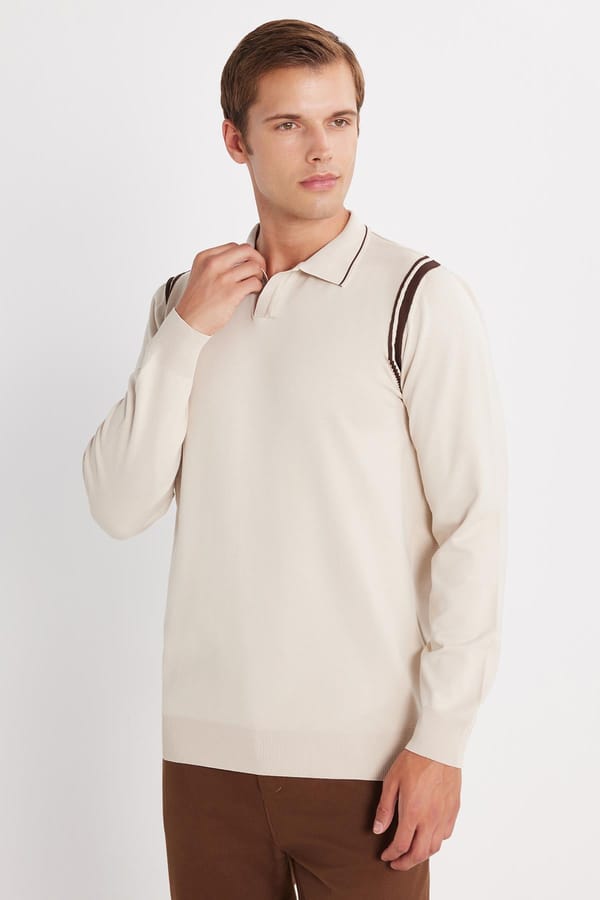 Erkek Slim Fit Dar Kesim Uzun Kol Polo Yaka Çizgili Taş Kazak - Trikolarda - 1 Alana 1 Bedava