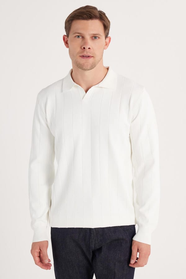 Erkek Slim Fit Dar Kesim Uzun Kol Polo Yaka Çizgili Beyaz Kazak - 1 Alana 1 Bedava