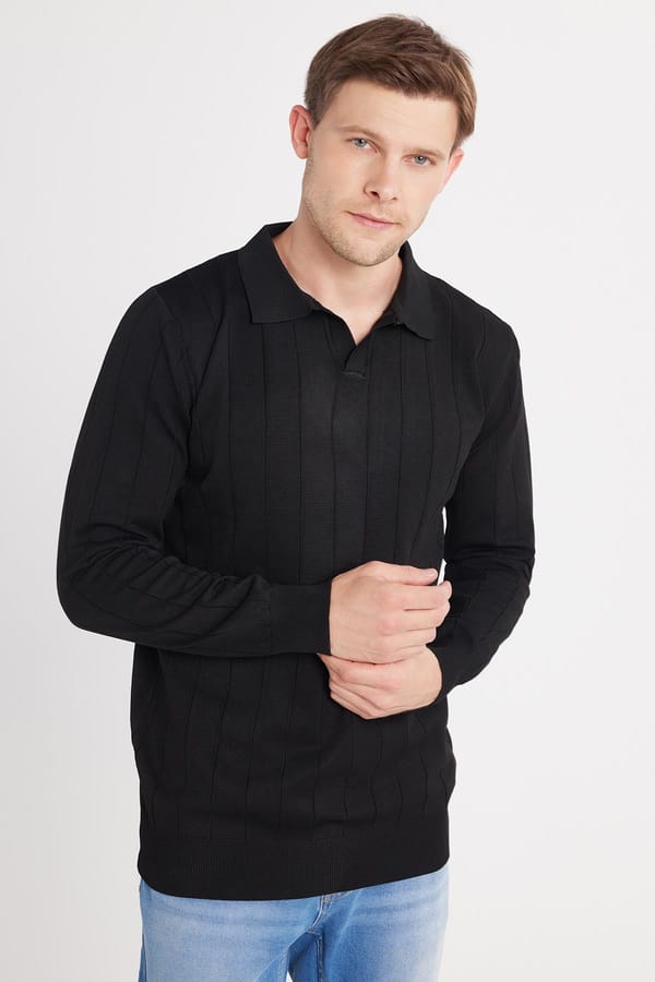 Erkek Slim Fit Dar Kesim Uzun Kol Polo Yaka Çizgili Siyah Kazak - 1 Alana 1 Bedava