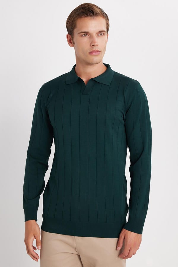 Erkek Slim Fit Dar Kesim Uzun Kol Polo Yaka Çizgili Yeşil Kazak - 1 Alana 1 Bedava