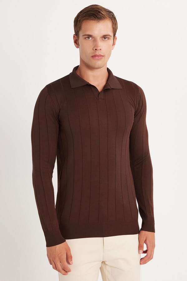 Erkek Slim Fit Dar Kesim Uzun Kol Polo Yaka Çizgili Kahverengi Kazak - 1 Alana 1 Bedava