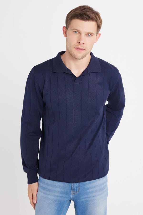Erkek Slim Fit Dar Kesim Uzun Kol Polo Yaka Çizgili Lacivert Kazak - 1 Alana 1 Bedava