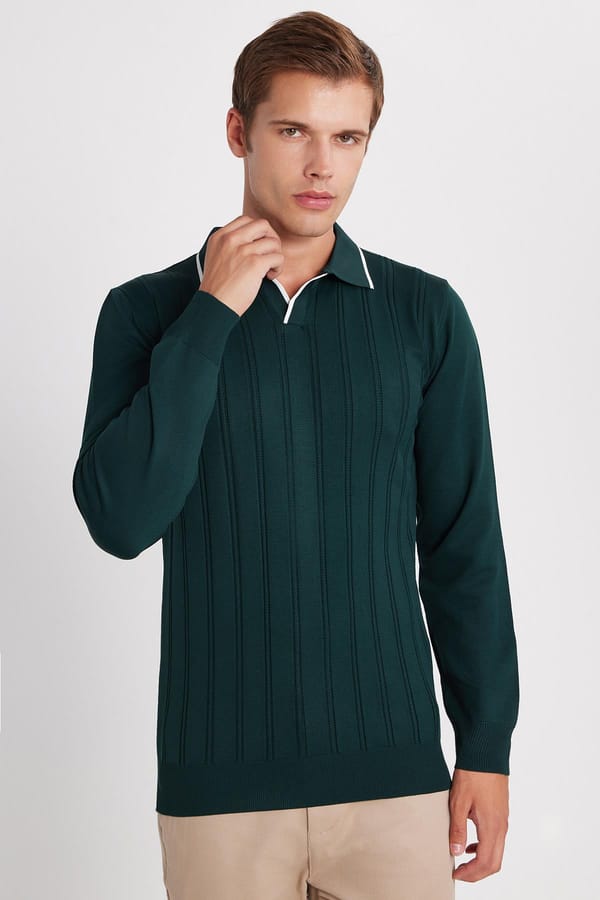 Erkek Slim Fit Dar Kesim Çizgi Detaylı Yeşil Polo Yaka Kazak - Trikolarda - 1 Alana 1 Bedava