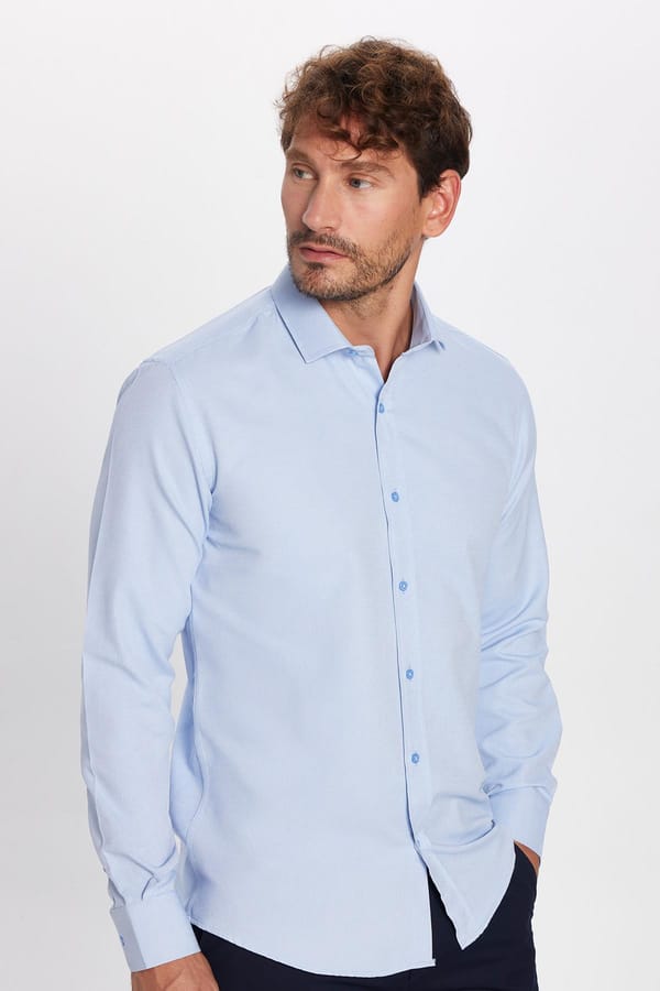 Modern Slim Fit Uzun Kollu Pamuklu Kolay Ütülenebilir Armürlü Mavi Erkek Gömlek - 4 Mevsim Gömleklerde - Tudors 1 Alana 1 Bedava