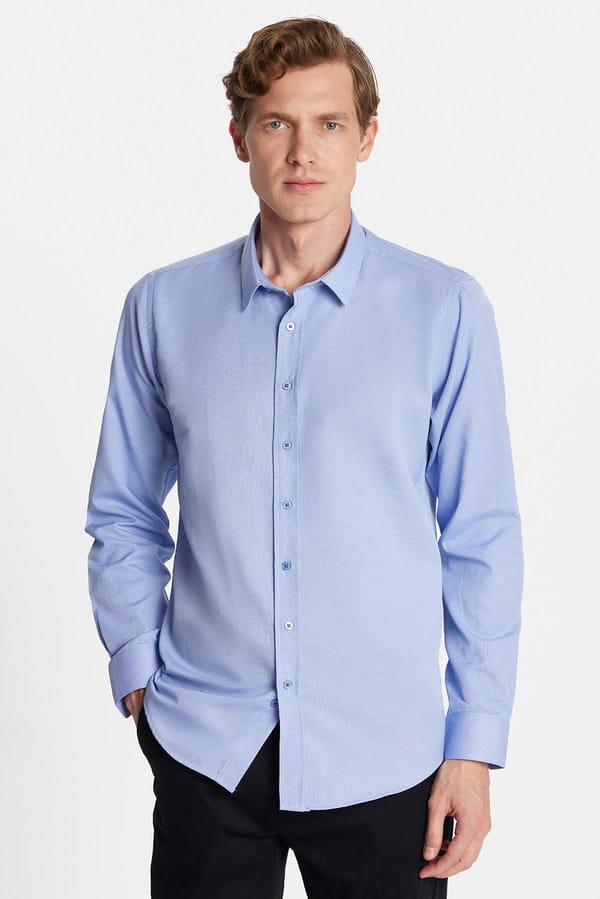 Modern Slim Fit Uzun Kollu Pamuklu Kolay Ütülenebilir Armürlü Mavi Erkek Gömlek - 4 Mevsim Gömleklerde - 1 Alana 1 Bedava