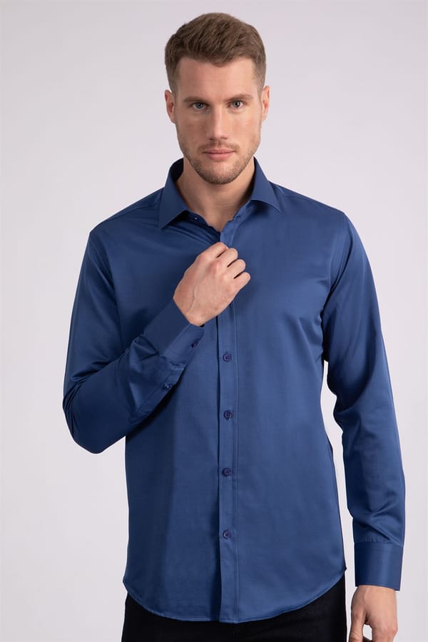 Erkek Modern Slim Fit Düz Saten Pamuklu İndigo Gömlek - 4 Mevsim Gömleklerde - 1 Alana 1 Bedava