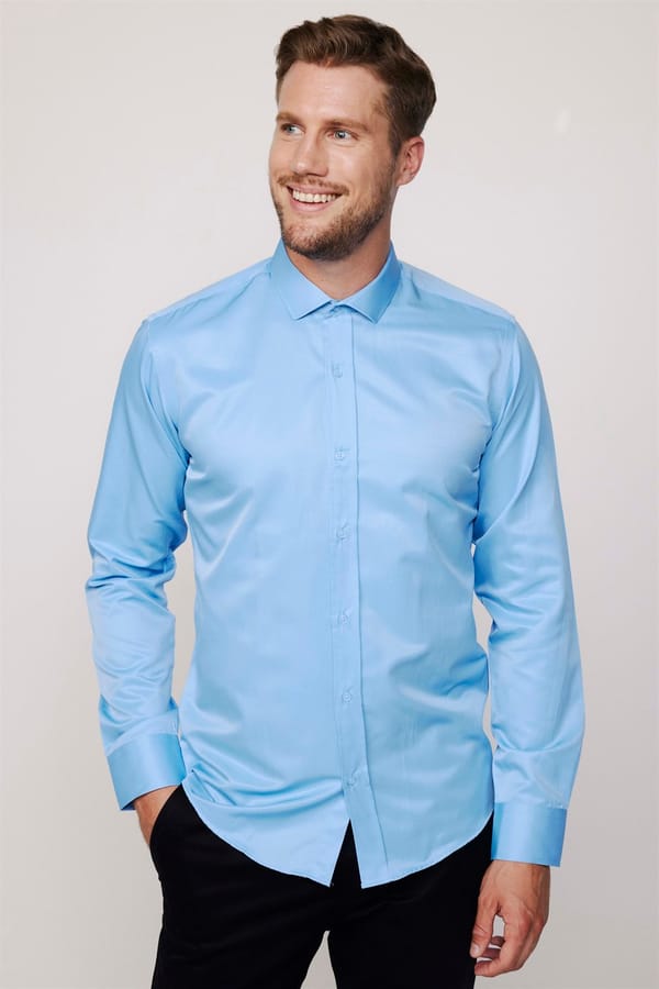 Modern Slim Fit Uzun Kollu Düz Saten Pamuklu Erkek Mavi Gömlek - 4 Mevsim Gömleklerde - Tudors 1 Alana 1 Bedava