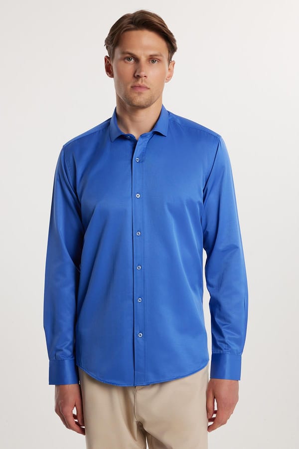Modern Slim Fit Uzun Kollu Düz Saten Pamuklu Erkek Sax Mavi Gömlek - 4 Mevsim Gömleklerde - 1 Alana 1 Bedava