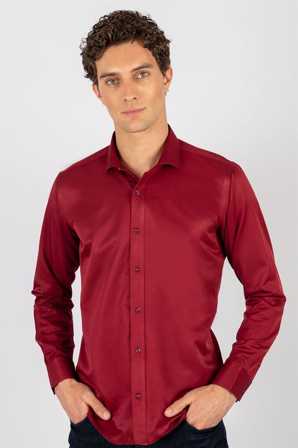 Modern Slim Fit Uzun Kollu Düz Saten Pamuklu Erkek Bordo Gömlek - 4 Mevsim Gömleklerde - 1 Alana 1 Bedava