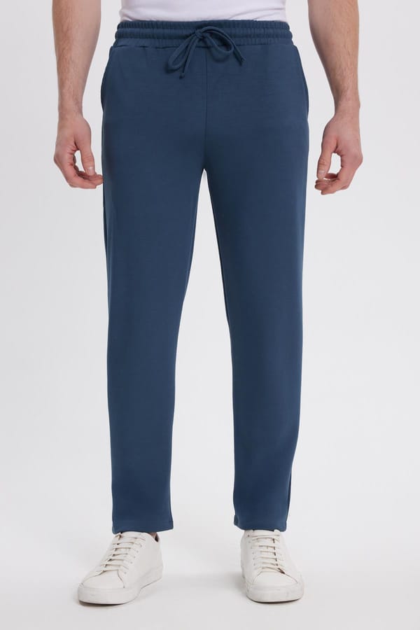 Erkek Slim Fit Dar Kesim Beli Bağcıklı 3 Cepli Geniş Paça Koyu Petrol Eşofman Altı - Sweatshirtlerde - 1 Alana 1 Bedava