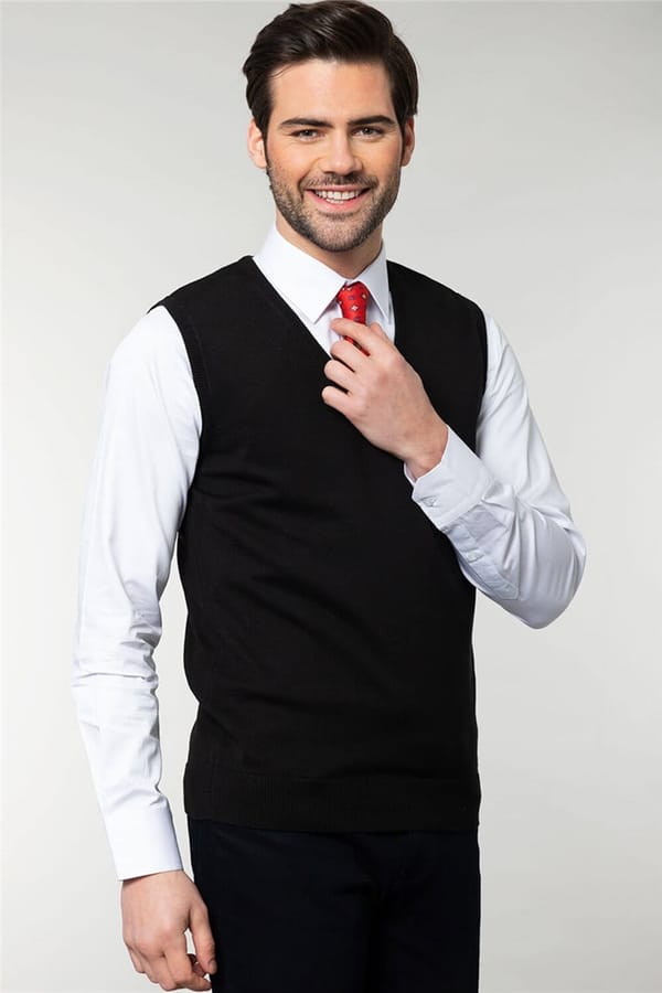 Erkek Slim Fit V Yaka Kendinden Desenli Siyah Süveter - 1 Alana 1 Bedava