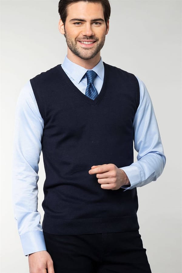 Erkek Slim Fit V Yaka Kendinden Desenli Lacivert Süveter - Trikolarda - 1 Alana 1 Bedava