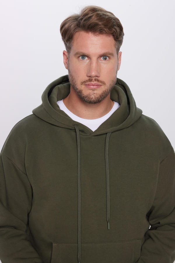 Unisex Oversize Geniş Kesim Pamuklu Yumuşak Dokulu İçi Polarlı Basic Yeşil Kapüşonlu Sweatshirt - Sweatshirtlerde - 1 Alana 1 Bedava