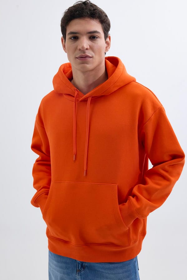 Unisex Oversize Geniş Kesim Pamuklu Yumuşak Dokulu İçi Polarlı Basic Turuncu Kapüşonlu Sweatshirt - Sweatshirtlerde - 1 Alana 1 Bedava
