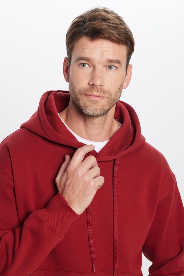 Unisex Oversize Geniş Kesim Pamuklu Yumuşak Dokulu İçi Polarlı Basic Bordo Kapüşonlu Sweatshirt - Sweatshirtlerde - 1 Alana 1 Bedava