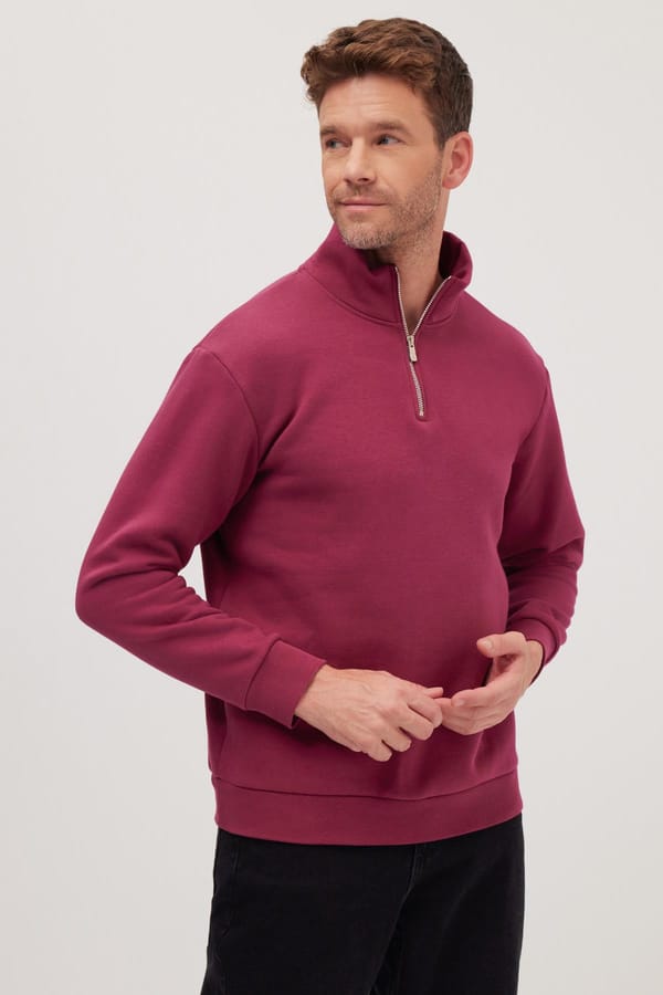 Unisex Relax Fit Rahat Kesim Pamuklu İçi Polarlı Yarım Fermuarlı Fuşya Dik Yaka Sweatshirt - Sweatshirtlerde - 1 Alana 1 Bedava