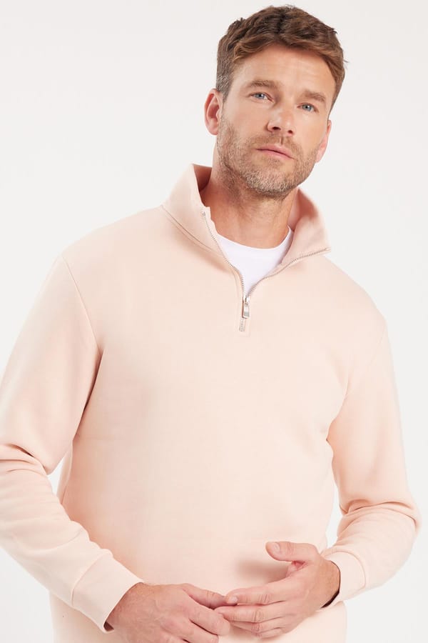 Unisex Relax Fit Rahat Kesim Pamuklu İçi Polarlı Yarım Fermuarlı Somon Dik Yaka Sweatshirt - Sweatshirtlerde - 1 Alana 1 Bedava